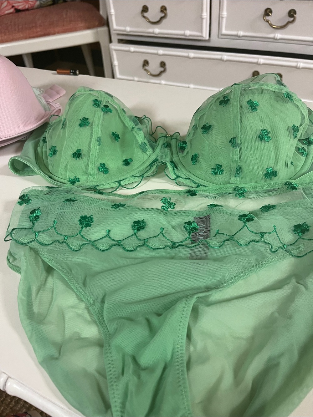Adore Me NEW Sheer Green Shamrock Embroidered Lace push up Bra & Brief Set